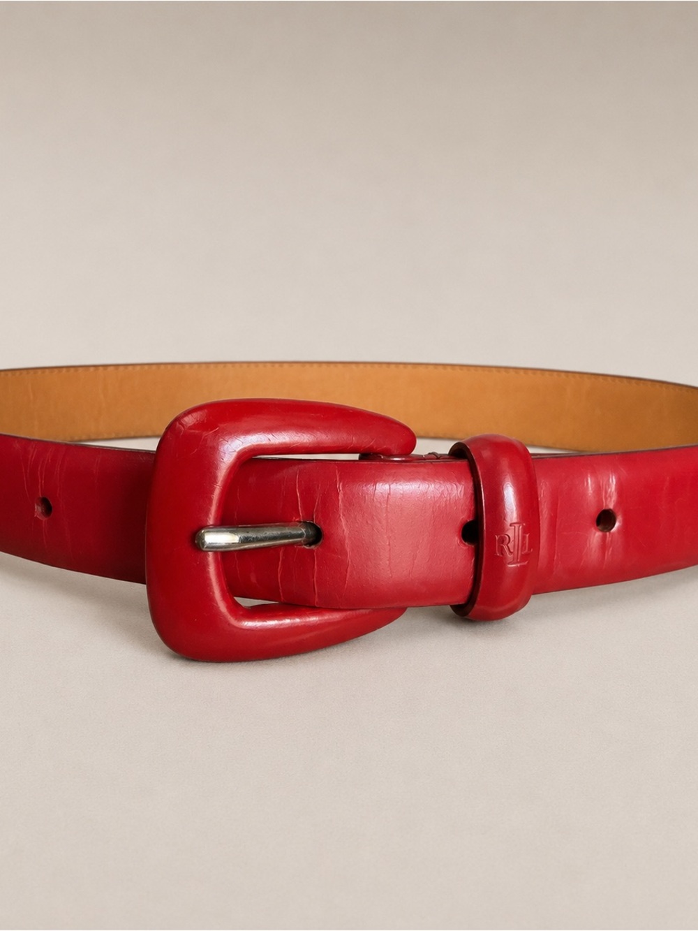 Classic Lauren Ralph Lauren Red Italian Leather Skinny Belt Covered Buckle sz L